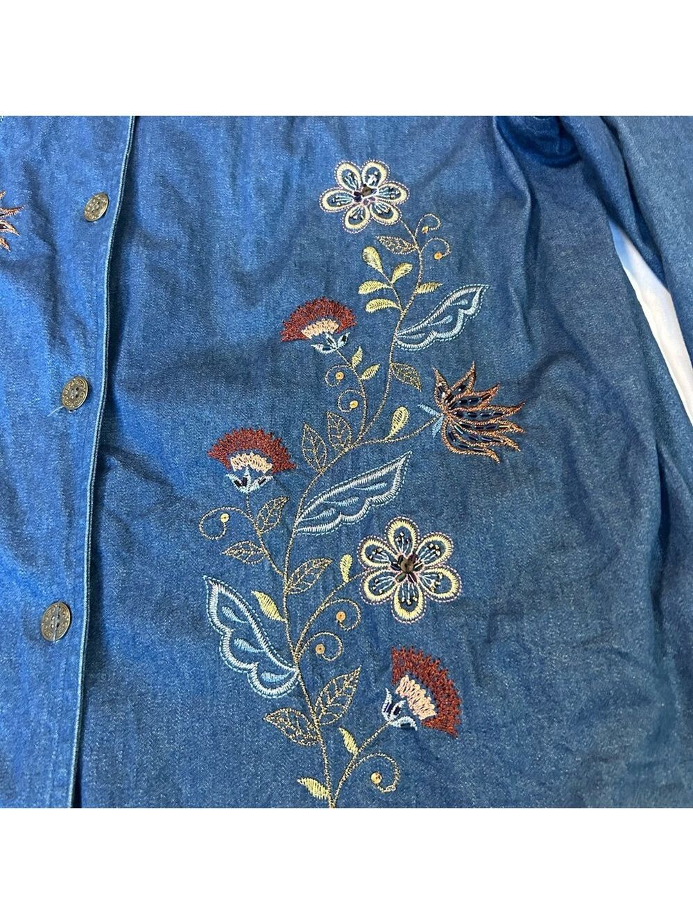 Alfred Dunner Chambray Denim Jacket 16W Blue Floral Embroidered Hippie Cottage - Picture 5 of 15
